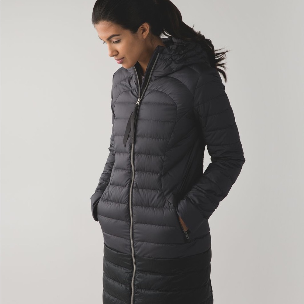 LULULEMON 1x A Lady black gray down hooded coat long jacket size 6